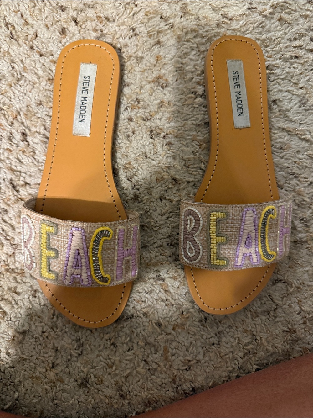 Steve Madden Tan Slides with Multicolor 'BEACH' Beaded Strap